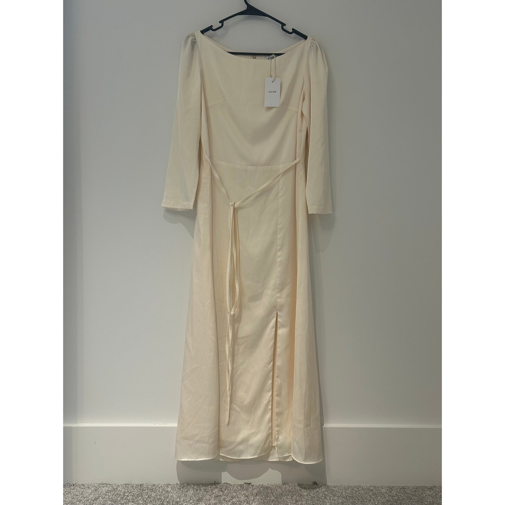 NOIRE Women Cream Satin Long Sleeve Midi Dress with Front Slit and Waist Tie S - Picture 12 of 13